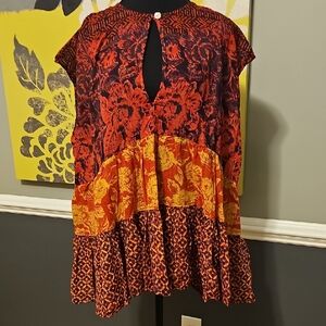 Free People Boho Mixed Floral Tiered Keyhole Tunic in Red and Orange